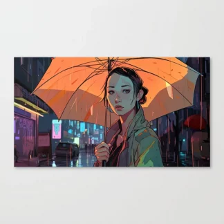 Portrait of Young Woman Standing in the Rain in the City